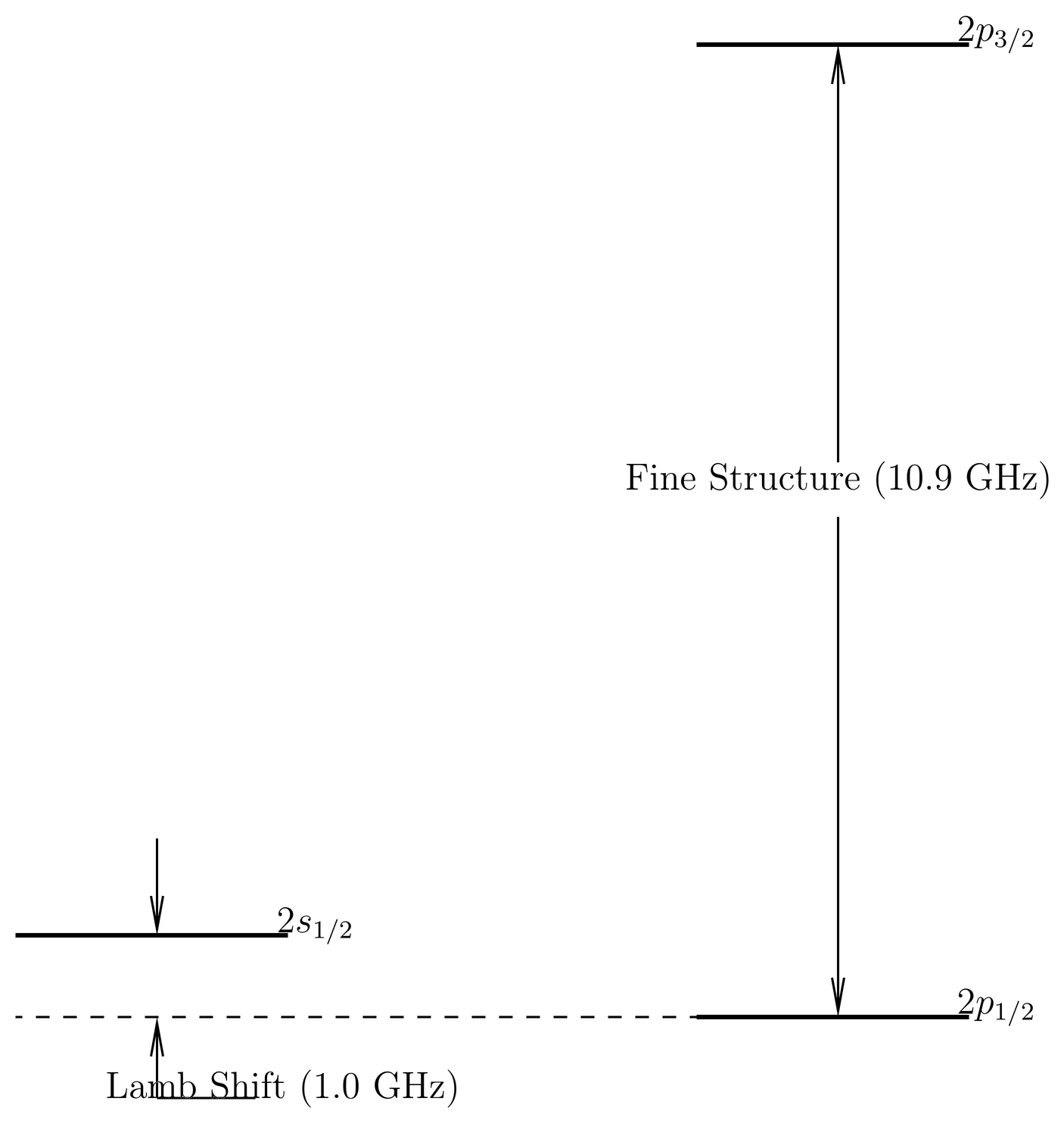 An expanded view of the n=2 levels in hydrogen, including the Lamb shift. The splitting due to the Lamb shift is notable because it introduces an \ell-dependence into the energies. Its magnitude is about 10 times smaller than the fine structure splitting (on the n=2 levels).