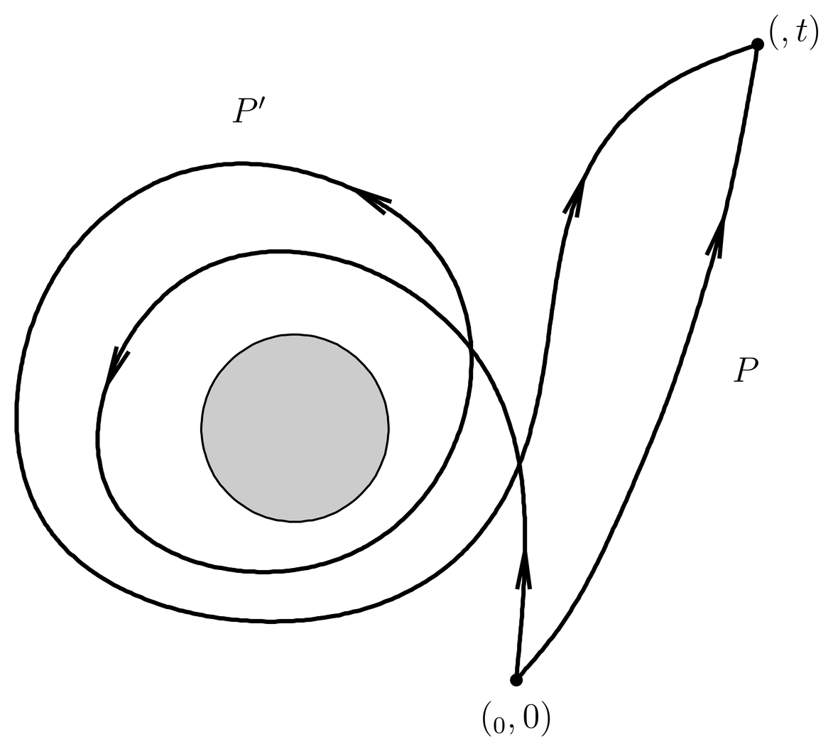 Two paths P and P' that are not homotopic.