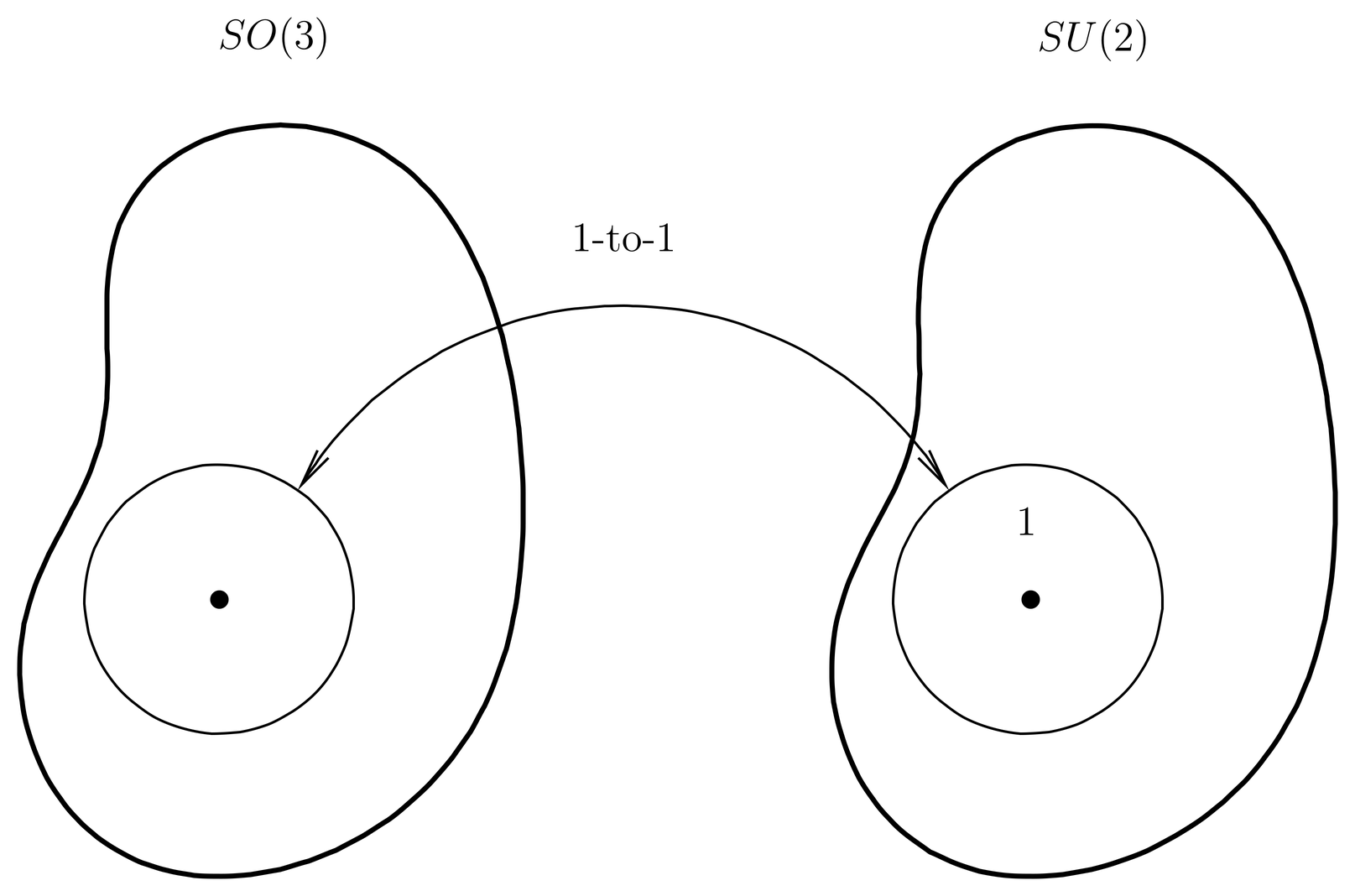 There exist finite neighborhoods of the identity elements in the two groups, SO(3) and SU(2), which can be placed into one-to-one correspondence in such as way that the composition law is reproduced, according to Eq. . But the neighborhoods cannot be expanded to cover the whole group manifold without losing the one-to-one correspondence.