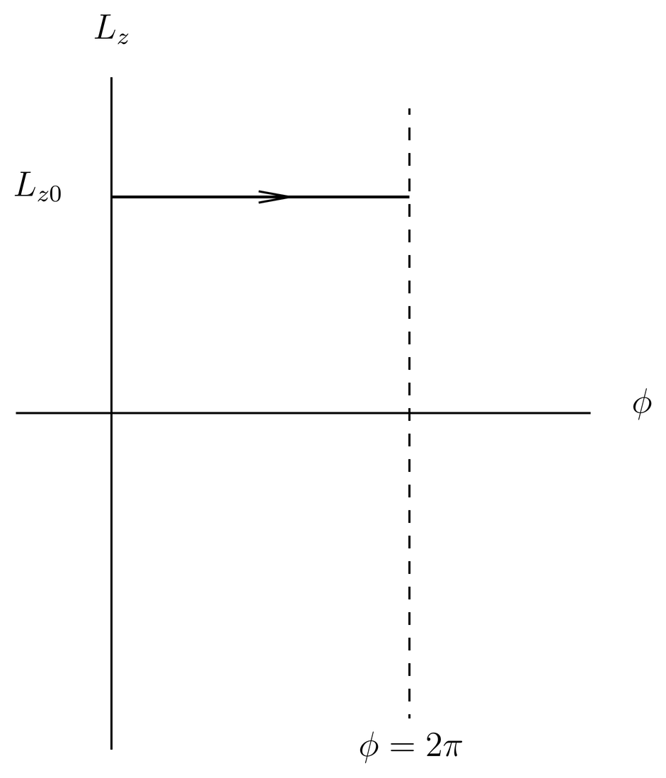 Phase space for a rigid rotor. The orbit has angular momentum L_{z0}. The angle \phi is periodic with period 2\pi. When the orbit reaches \phi=2\pi, it jumps back to \phi=0.